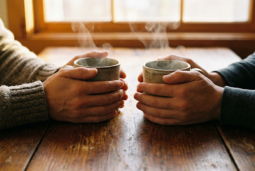 Two hands gently holding ceramic mugs on a rustic wooden table, softly lit by warm window light, conveying a deep sense of empathetic connection and safety in a therapy context.